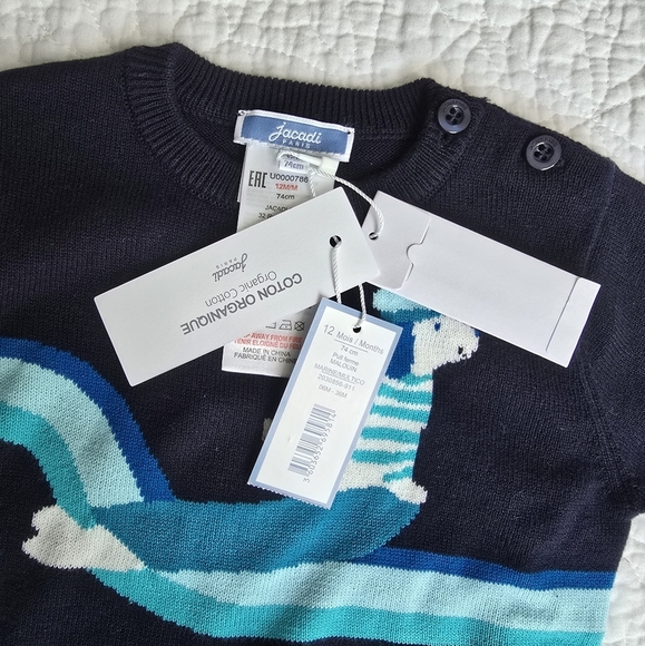 Jacadi Paris 12 Months Navy Blue Color Block Dog Sweater Jumper - Picture 2 of 11